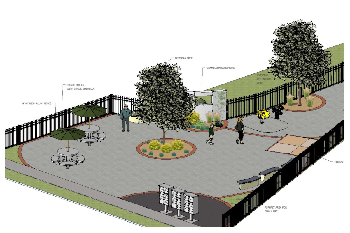 Image of public garden and patio with seating and umbrellas and benches