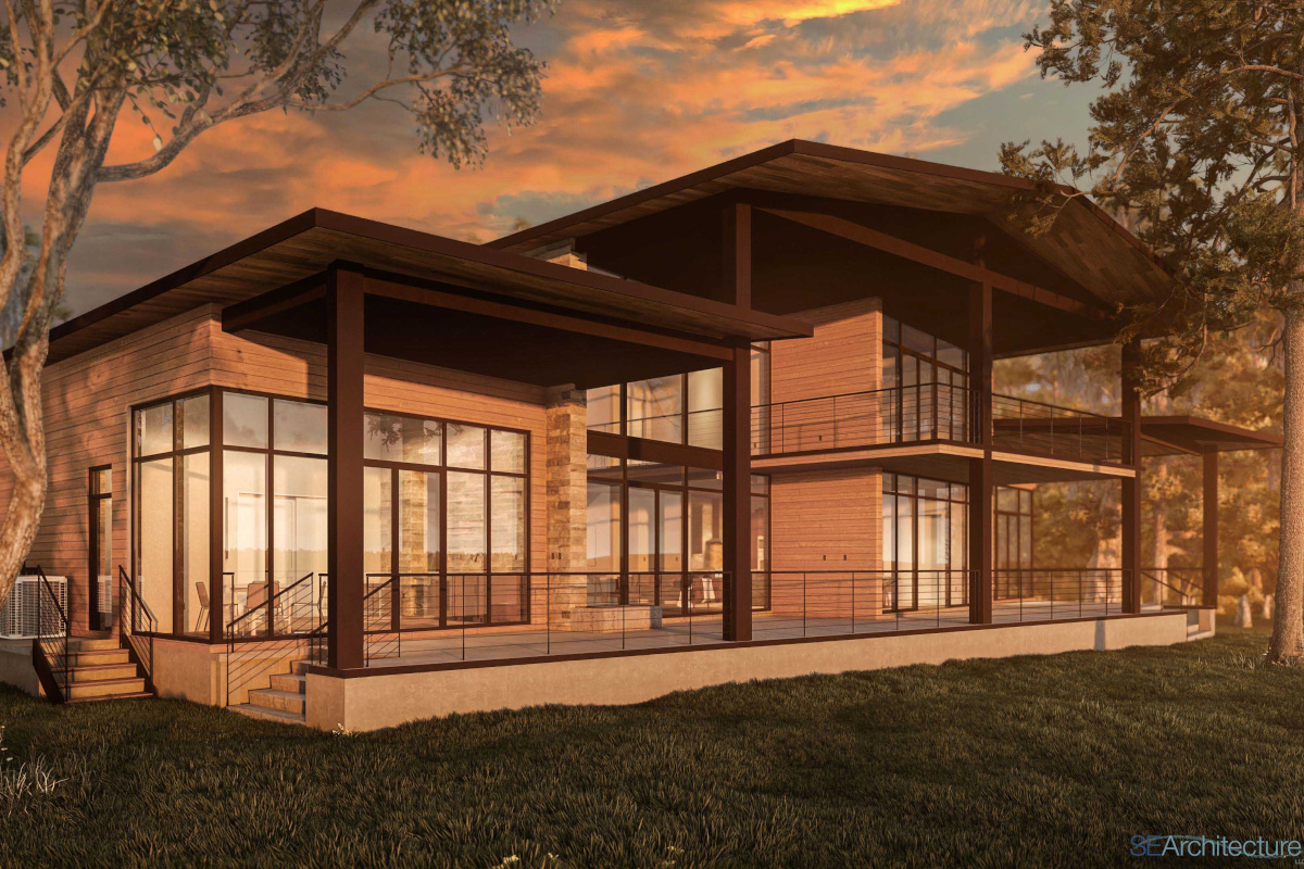 Image of modern home exterior rear of building with very large patio and multi-story wood columns