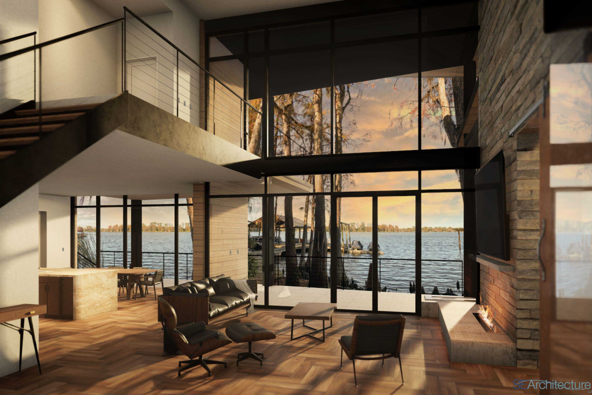 Image of modern home interior with two story windows looking out to peaceful lake