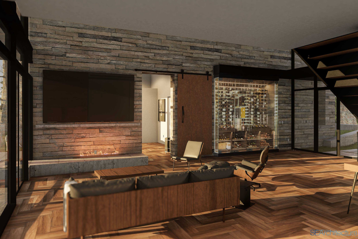 Image of modern home interior with stone wall holding TV and fireplace, barn door, and glass enclosed wine wall