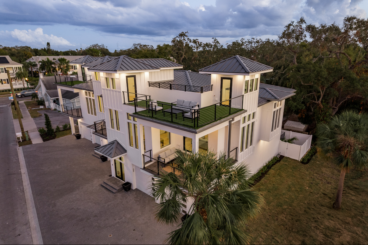 Dunedin Foundry Townhomes - Exterior Front Night Aerial - 1200 x 800