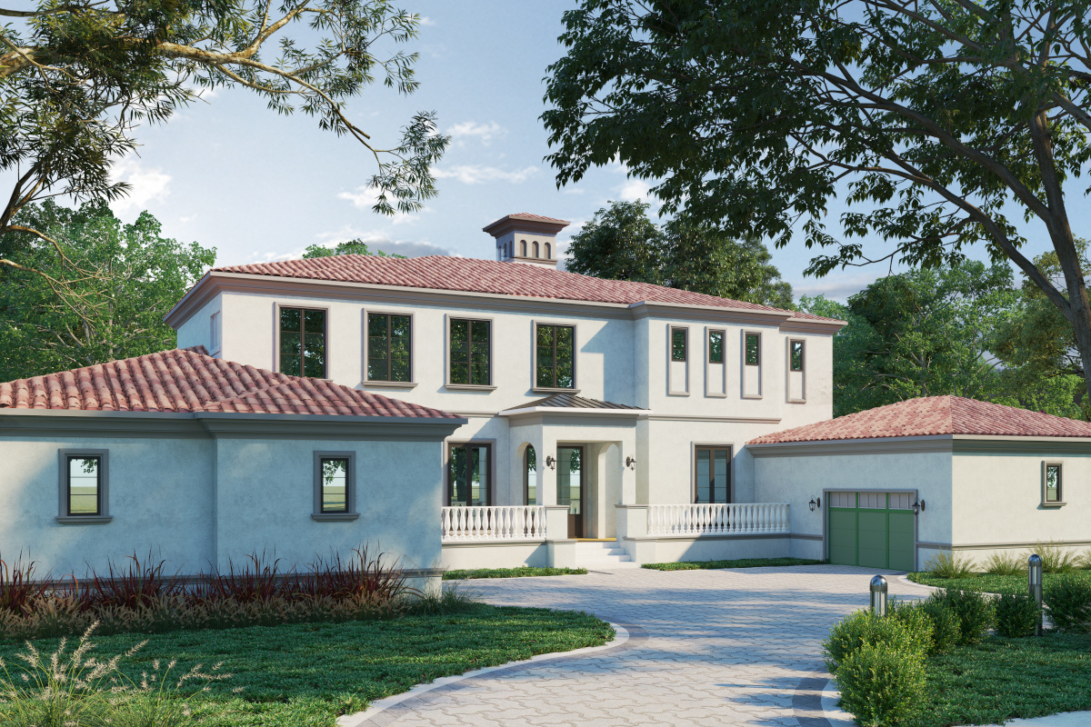 Image of white Italianate home with red clay roof and green garage doors