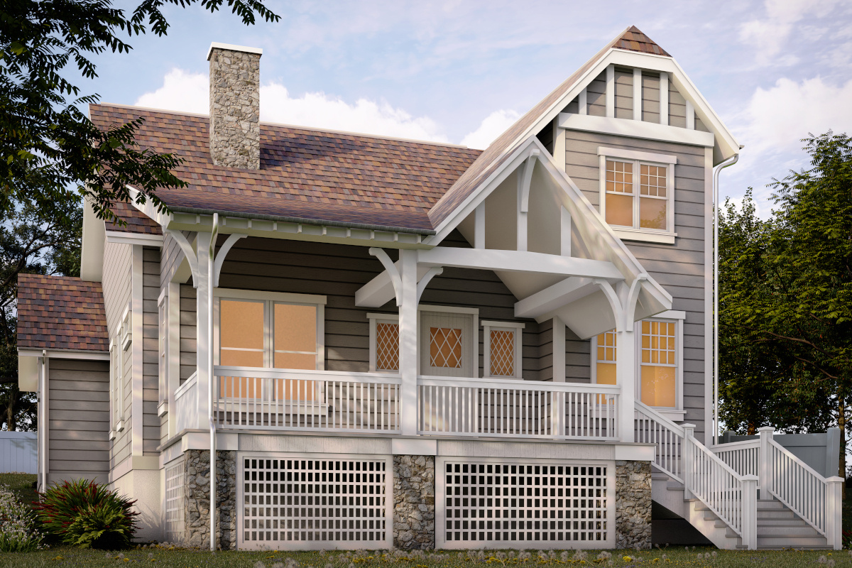 Image of craftsman bungalow with ornate wood trim and large veranda